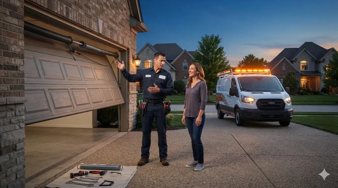Emergency responder technician repairing an off-track garage door under headlights in Newark, OH