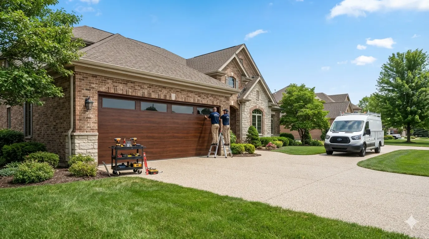 Stunning brand new modern insulated carriage-style garage doors installed on a beautiful brick home in Newark, OH
