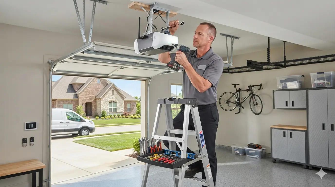 Brand new smart Wi-Fi enabled belt-drive garage door opener installed and glowing in Newark, OH