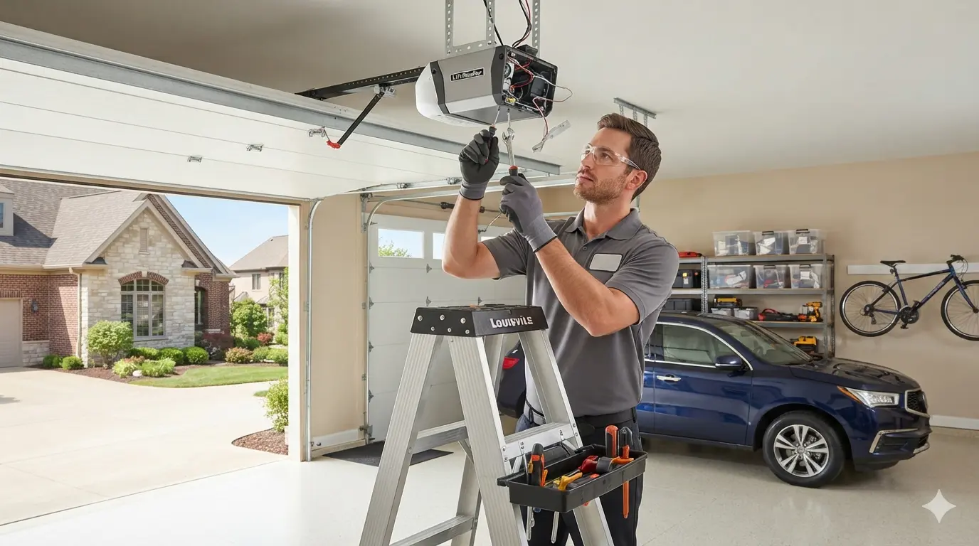 Garage door opener motor unit being serviced by a technician adjusting travel limit switches in Newark, OH