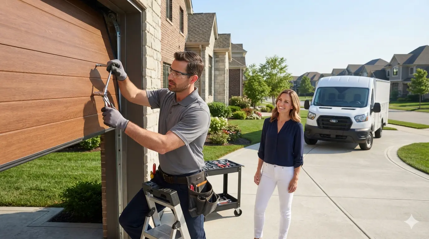 Professional garage door repair technician inspecting and aligning track hardware in Newark, OH
